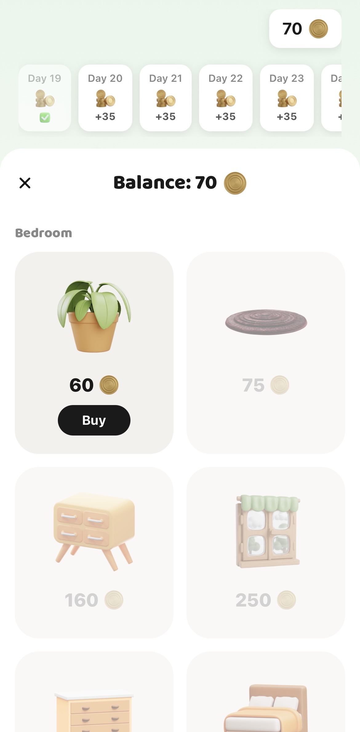 The Penny Points shop in the BuyBye budgeting app showing daily streak rewards and bedroom furniture like a plant, rug, nightstand, and window