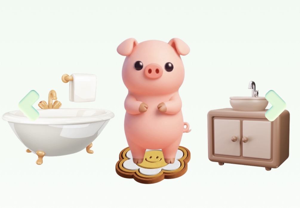 Penny the pig, BuyBye's virtual pet, in her decorated bathroom